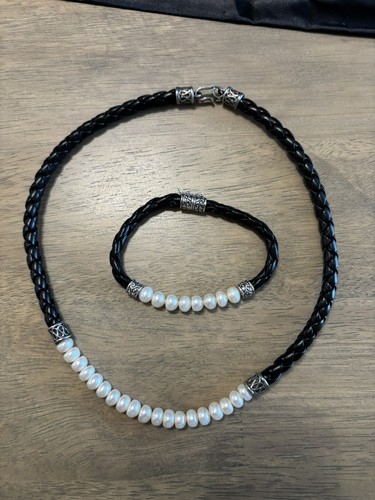 Collection Black Braided Leather Pearl Necklace Bracelet Set