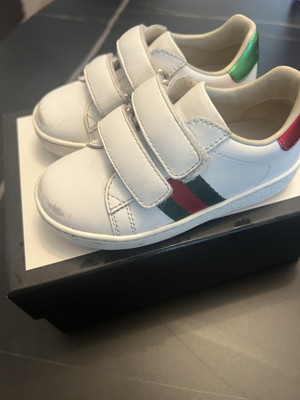 GUCCI Unisex Infant Toddler White Leather Web Stripe Sneakers Size 6