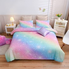6Pcs Gradient Glitter Bedding Set for Girls, Colorful Rainbow Galaxy Comforte...