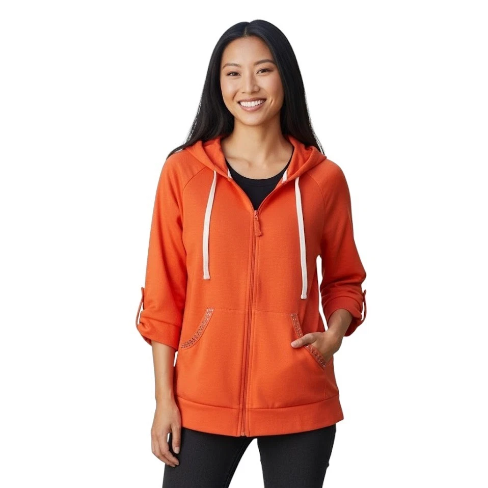 Onque Casuals Women’s Orange Zip Hoodie Jacket Small Rhinestone Trim Pockets - Image 2 of 4