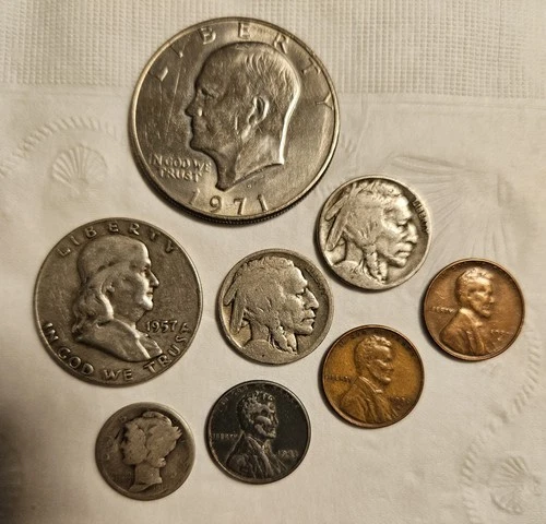 US Coins, Franklin Half Dollar, Buffalo Nickels, Steel Penny, Mercury Dime Lot 8