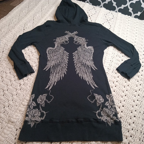 Reign Womens Teen M Blk Rhinestone Angel Wings Guns Y2K Hooded 3/4 Sleeve Shirt - Picture 2 of 13