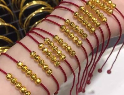 24K Pure Gold Bead Red String Bracelet, 999 Gold Bead Red Rope Bracelet