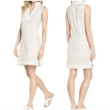 Eliza J Women's Linen Blend Beige Striped Sleeveless Knee Length Shift Dress 4