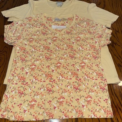 Lot of 2 Basic Editions Women Large T Shirts Yellow Solid & Orange Floral V-Neck