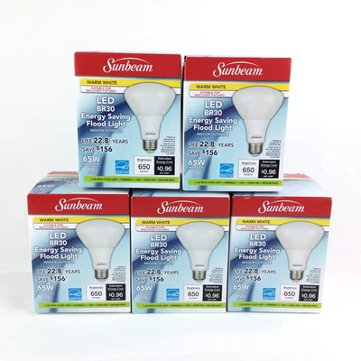 Sunbeam LED BR30 Flood Light Bulb LOT x 5 Watt 65W Energy Saving Warm White NEW - Image 1 of 4