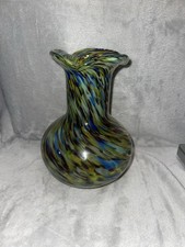Hand Blown Vase Green Blue  Black Swirl Glass Art