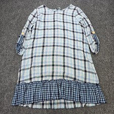 Veveret Plaid Gingham Shift Dress Size S Blue White Ruffle Hem Made in USA