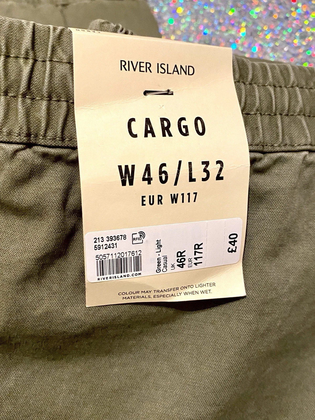 213-393678 RiVER iSLAND Green Light Casual W46R/L32 EUR W117R Cargo