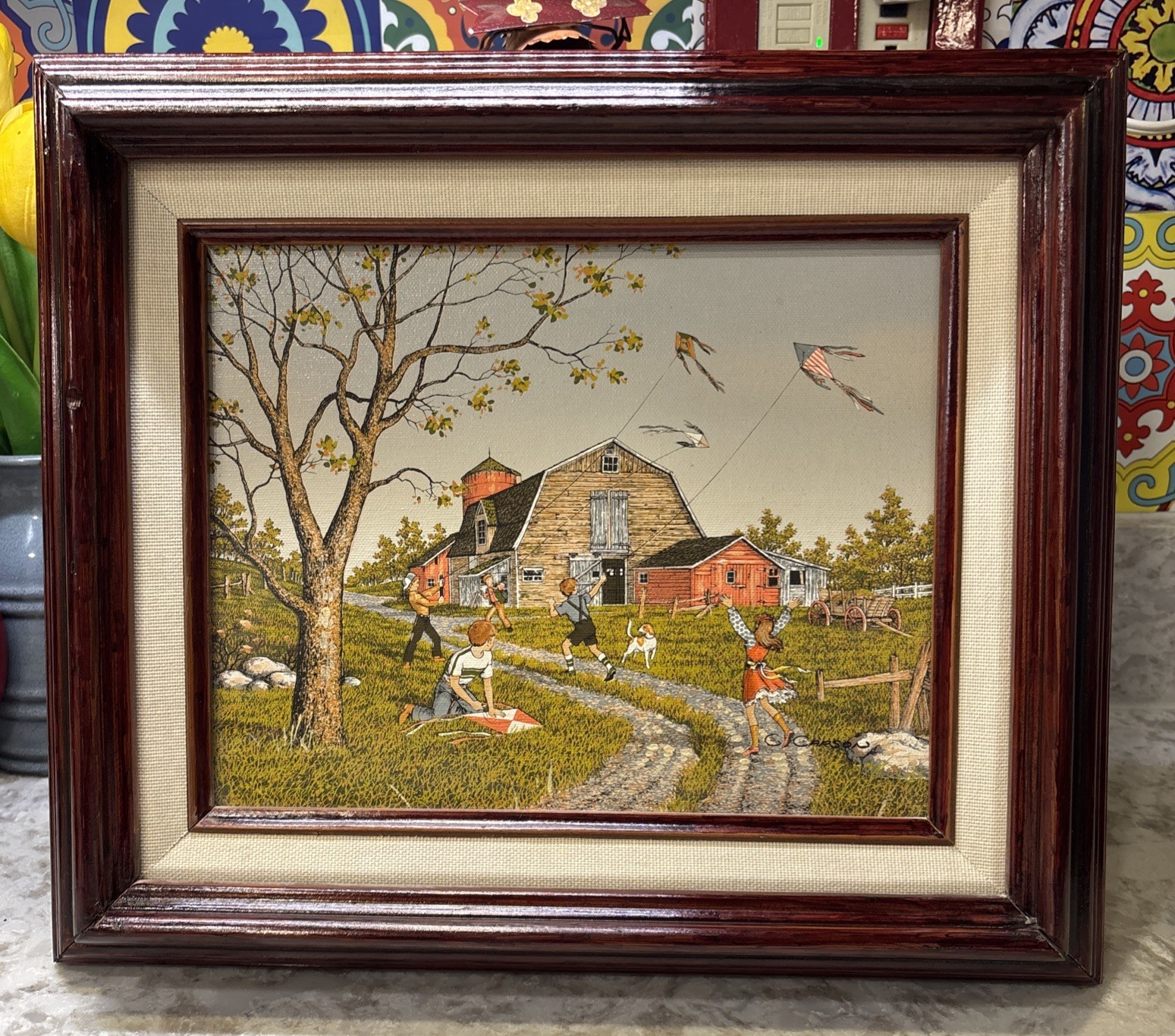 Oil Painting Of Children Flying Kites Signed C Carson Wood Framed 13 X 15