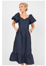 THML Navy Midi Dress Puff Sleeve Sweetheart Neck Ruffle Hem Size M