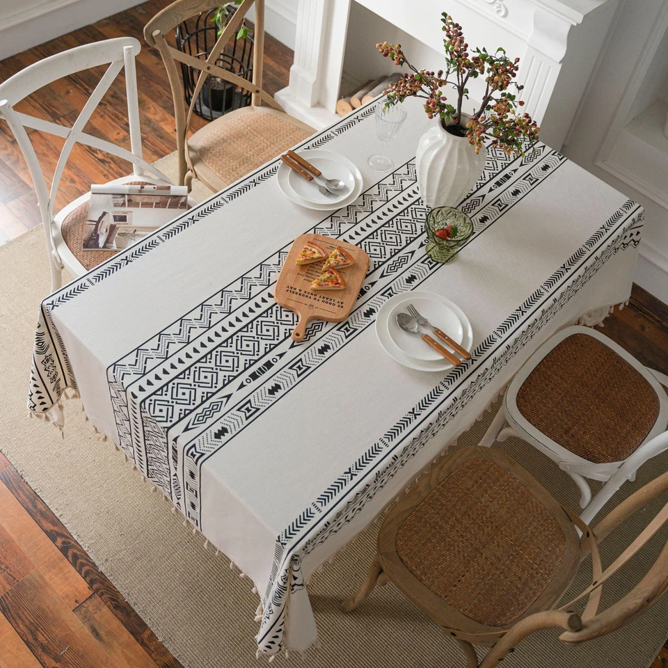 Boho Cotton Linen Tablecloth with Tassels – Geometric Tribal Dining Table Cover - Image 2 of 4
