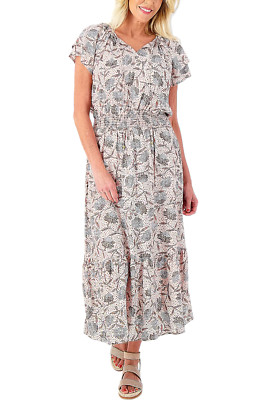 Destination 365 Printed Short-Sleeve Midi Dress w/ Smocking SepiaRose