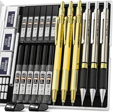 Gold Art Mechanical Pencil Set, Metal Drafting Pencil 0.5, 0.7, 0.9Mm & 2Mm Lead