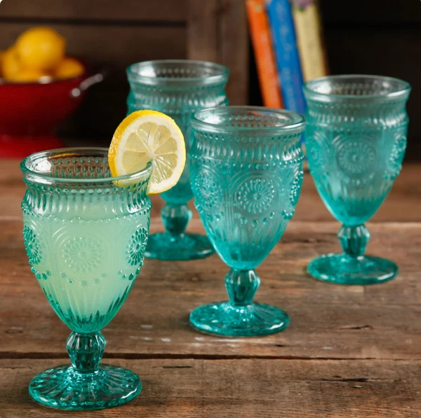 The Pioneer Woman Adeline 12-Ounce Footed Glass Goblets, Set of 4, Tuquoise