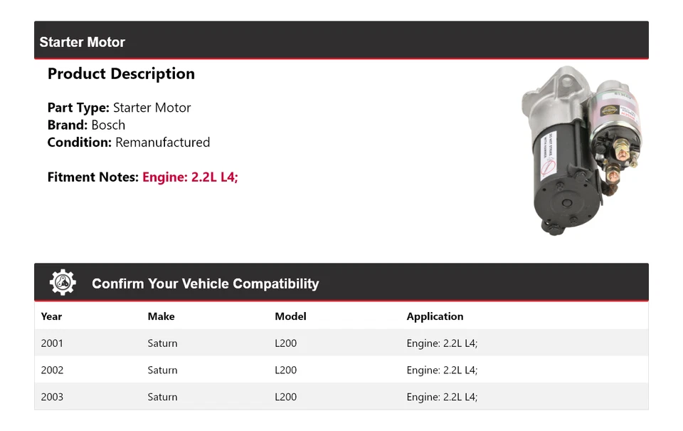 Para 2001-2003 Saturn L200 2.2L L4 Bosch Starter (Remanufaturado) 2002 - Imagem 2 de 4