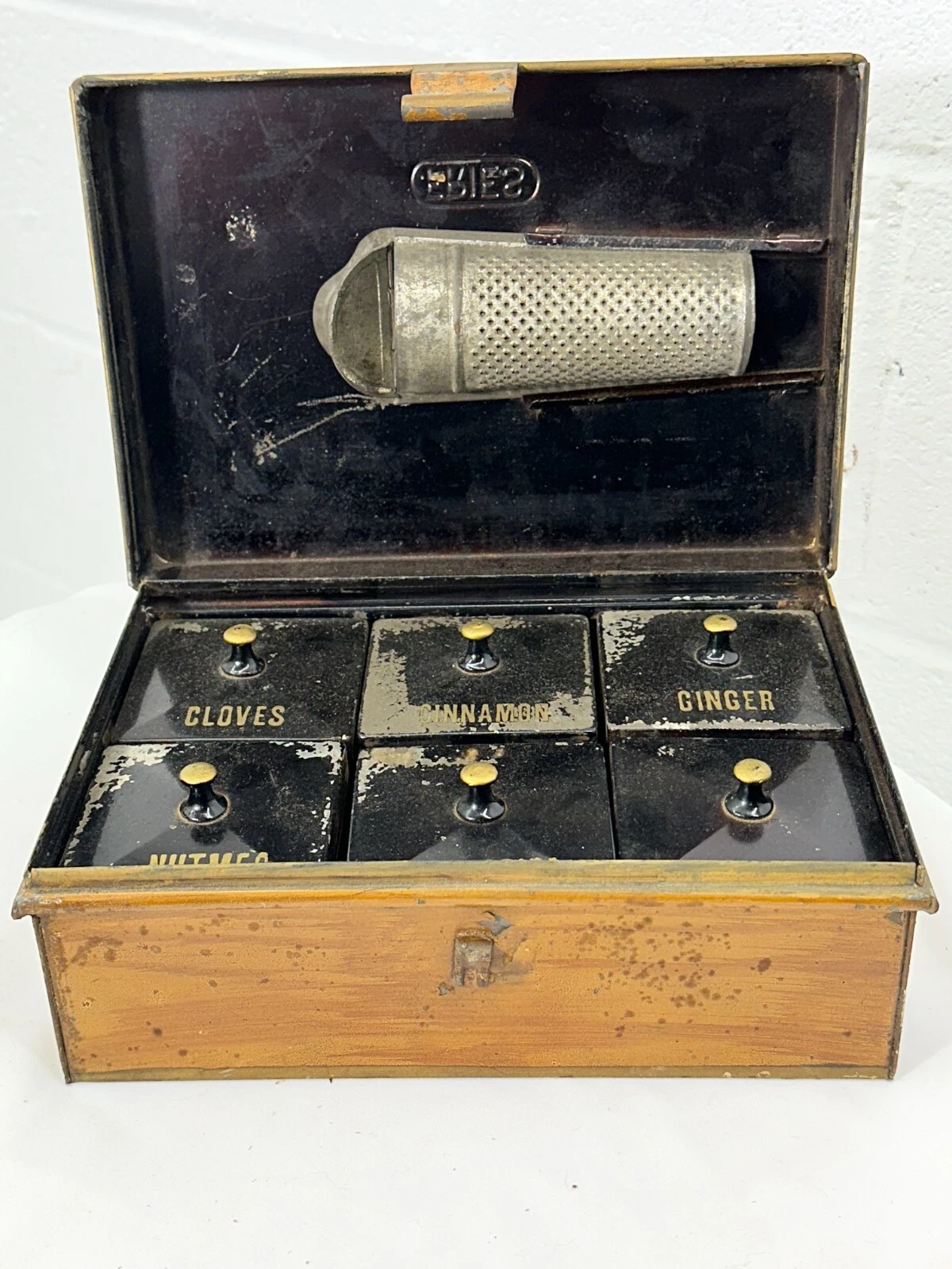 antique Pennsylvania grain painted spice canister set Grinder mustard paint tin