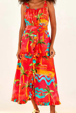 Farm Rio Tropical Dress Midi Red Multi Fit and Flare Straps Ruffled S NWT$235