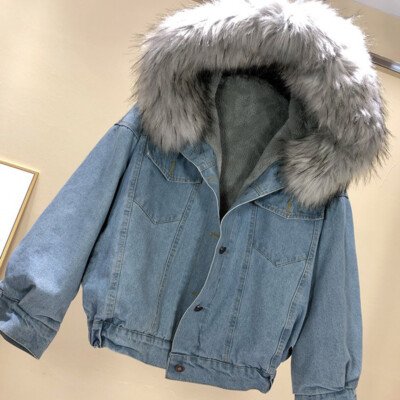Womens Hooded Denim Jacket Coat Faux Fur Collar Fleece Parka Short Outwear  Thick
