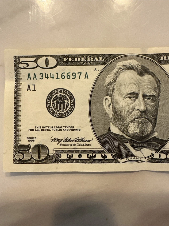 50-долларовая банкнота 1996 г. со смещенным центром - Изображение 2 из 4