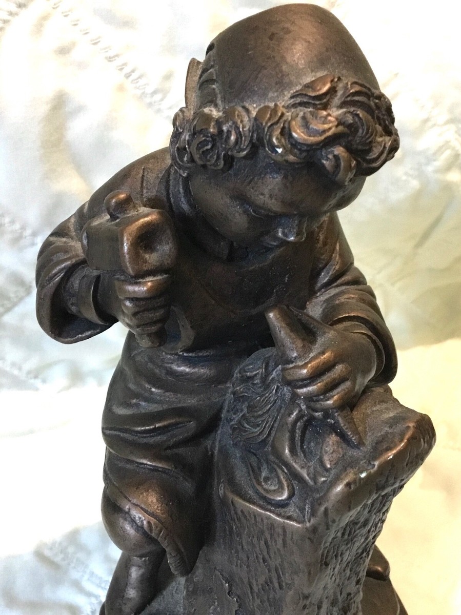 Vtg 1968 Austin Productions Boy Carving Hammer Chisel Brown