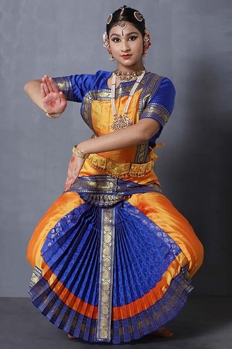 Blue Yellow Readymade Silk Bharatanatyam Dance Costume for Girls - Picture 7 of 24
