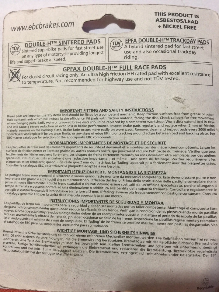 Pastilhas de freio sinterizadas EBC FA265HH Double-H Honda CBR900RR,CBR929RR,CBR954RR,RVT100 - Imagem 2 de 3