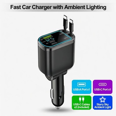 USB C Car Charger Retractable Dual Type C Fast Charge Starry Light