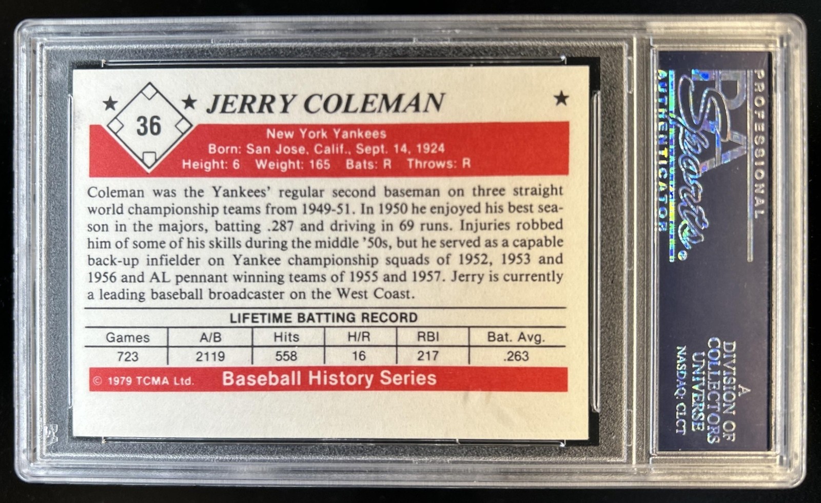 1979 TCMA Baseball History Jerry Coleman Auto Autograph PSA Authentic #36 view 2
