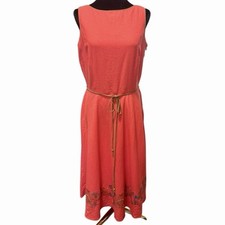 Emma James Midi Sundress Sz 8 Coral Linen Blend Embroidered Belted Side Zip EUC