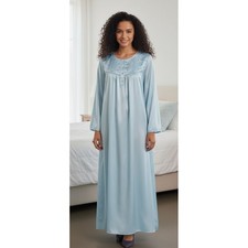 Talbots Intimates Embroidered Nightgown Long Sleeve Blue Satin Loungewear Size M
