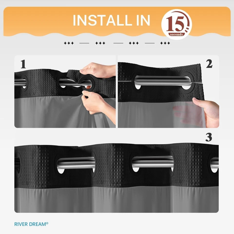 Cortina de chuveiro preta semi-transparente com forro de pressão – Fácil instalação e elegante - Imagem 4 de 4