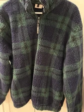 Woolrich Men's Large Thick Fleece Blue Green Check Zip Pullover Jacket EUC