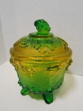 Vintage Jeannette Glass 4 Footed Candy Dish Amber Yellow & Green Grape Pattern