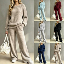 Women Ribbed Knit 2 Piece Outfit Long Sleeve Top Wide Leg Pants Fall Winter