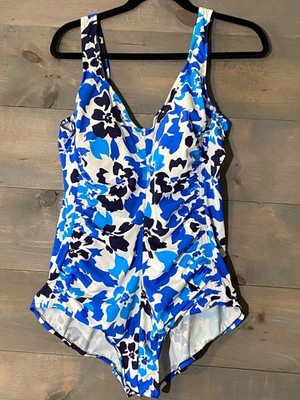 Maxine of Hollywood One Piece Swimsuit Sz 24W Blue Floral Wide Straps Beach