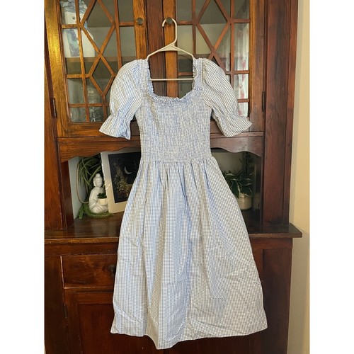 Damaris Bailey Gingham Smocked Square Neck Puff Sleeve Midi Dress XS