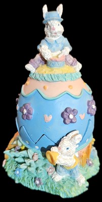 Vintage Hinged Resin Easter Egg That cracks Open.  Used.  Bunnies  with instrume