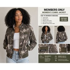 Members Only Camo Jacket Women  s Size 10 Zip Bomber Utility Y2K