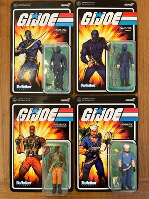4 × G.I. Joe Super 7 Reaction. 2 × Snake Eyes, Roadblock, Shipwreck. OVP