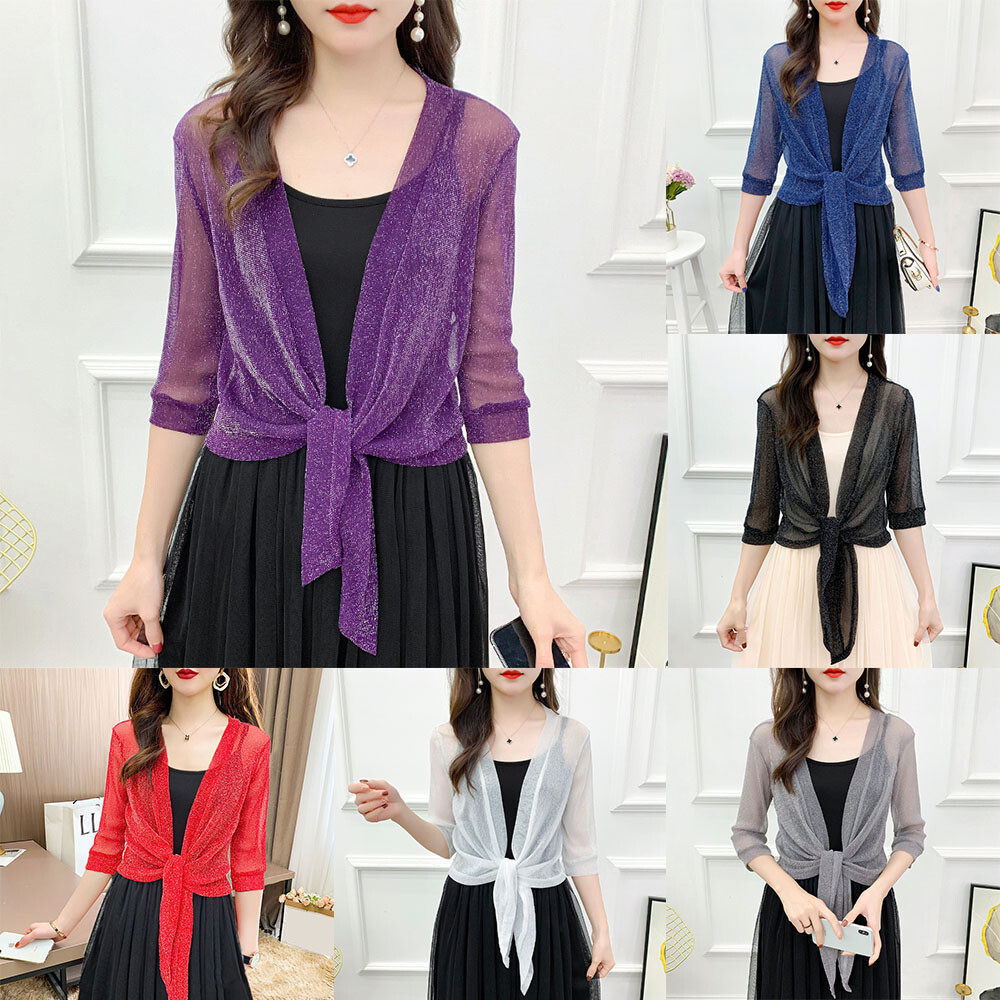 Cover Up Womens Shrug Cardigan 3/4 Sleeve Tie Up Shirts Knitted Open Front-image