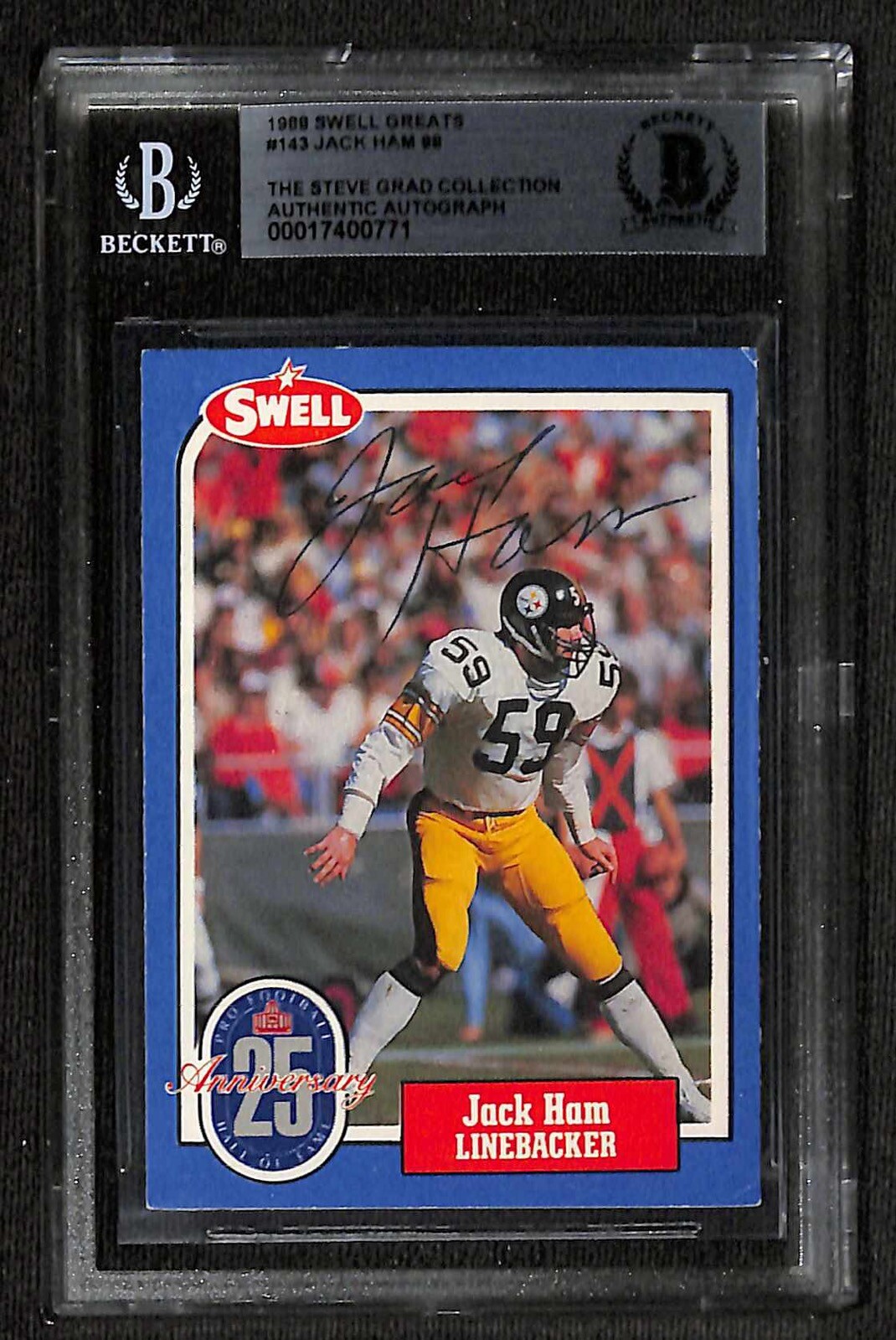 Jack Ham Autographed Signed Pittsburgh Steelers 1988 Swell Greats #143 Card BECKETT 