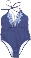 Victoria s Secret Pink One Piece Halter Swimsuit Bathing Suit Blue Floral L NWT