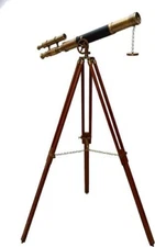 Maritime Brass Antique Double Barrel Designer Telescope with Wooden Tripod Floor