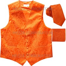 New Vesuvio Napoli Men's paisley Tuxedo Vest Waistcoat Necktie Hankie Orange