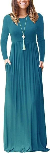 OURS SUPNIER Women's Long Sleeve Maxi Dress - Loose Fit Solid Color With Pockets