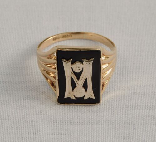 1979 SELTENER TRAUERRING 9 KT GELB + WEISSGOLD SCHWARZER ONYX BUCHSTABE M GRÖSSE W 4,9 g - Bild 4 von 16