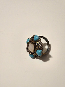 Vintage Turquoise Moonstone 925 Oxidized Sterling Silver Size 7