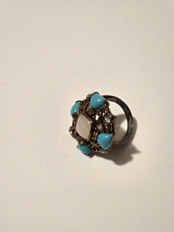 Vintage Turquoise Moonstone 925 Oxidized Sterling Silver Size 7