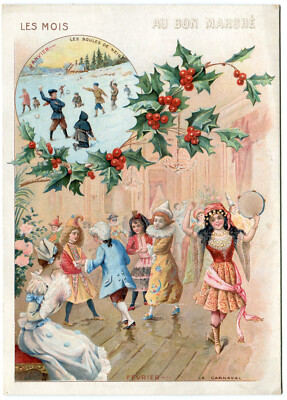 Oblaten scrap die cut chromo Litho Karten  ''Jahreszeit Januar Februar '' 15,8 cm